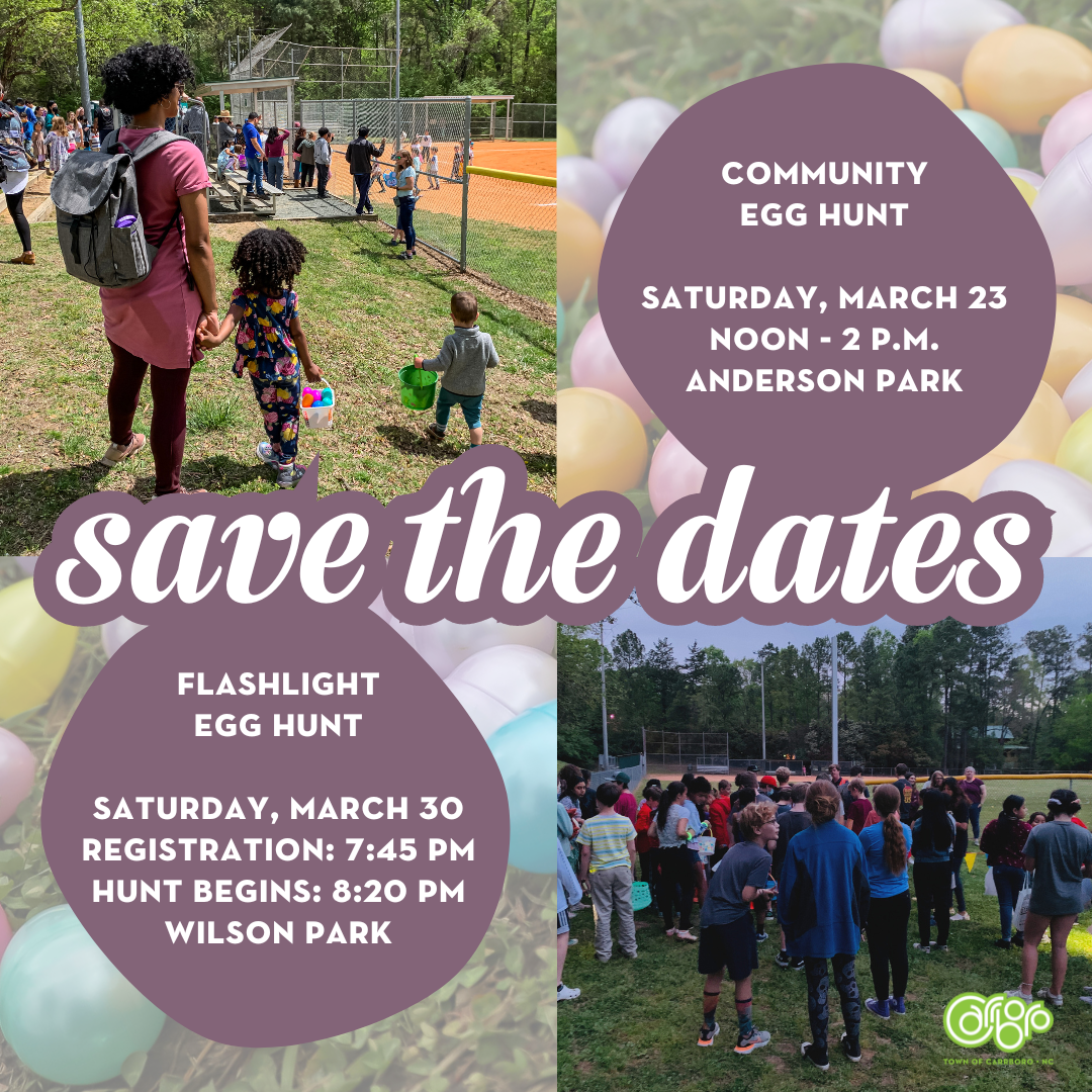 Graphic gives information on Carrboro Egg Hunts over photos from past events